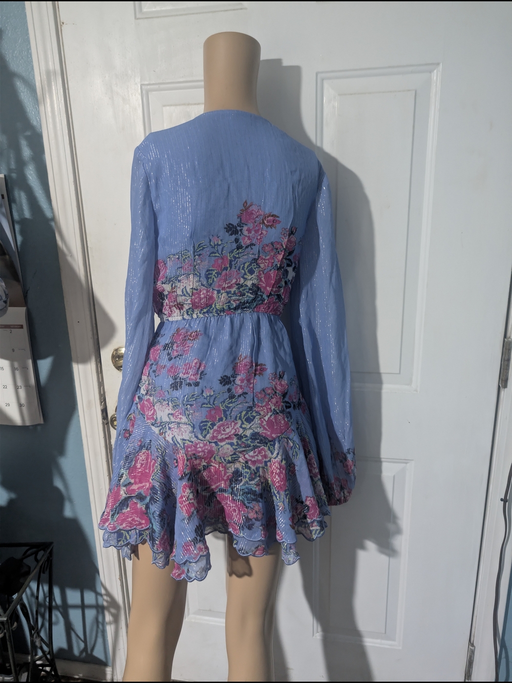 HEMANT & NANDITA Blue Mini Dress with Pink Floral Embroidery - Picture 4 of 5